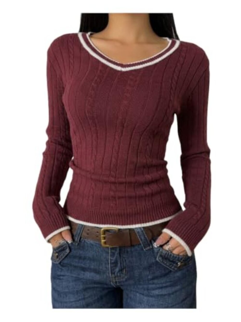 Cable Knit Pullover Sweater V-Neck Long Sleeve Drop Shoulder Slim Fit Preppy Top
